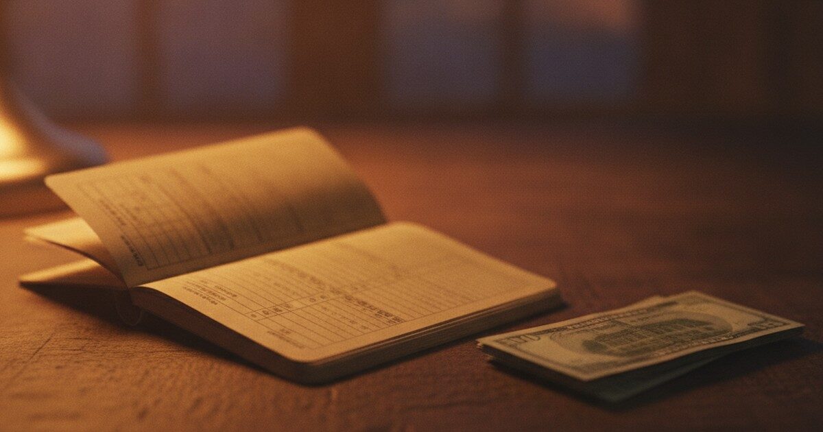 Savings passbook beside a small stack of cash on a wood table