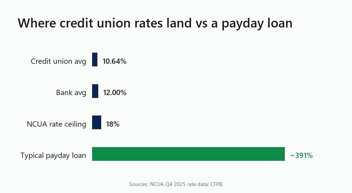 Bar chart: credit union average 10.64 percent and bank average 12.00 percent versus an NCUA ceiling of 18 percent and a typical payday loan near 391 percent