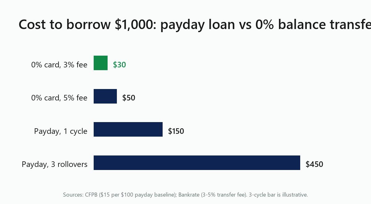 Bar chart of the cost to borrow $1,000: 0 percent card 3 percent fee $30, 5 percent fee $50, payday one cycle $150, payday three rollovers $450
