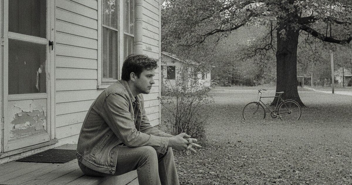 A person sitting on porch steps in thought under overcast light