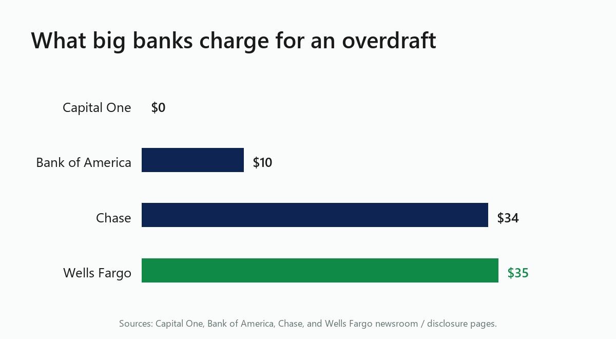 Bar chart of overdraft fees: Capital One $0, Bank of America $10, Chase $34, Wells Fargo $35