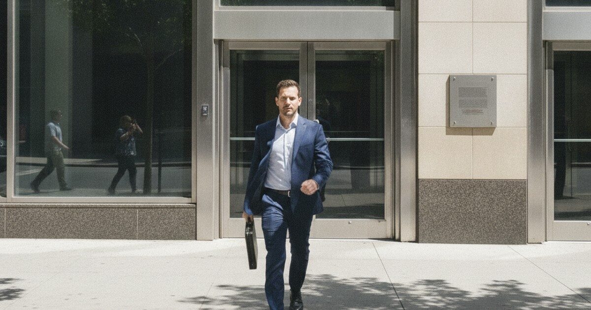A person walking toward a bank branch entrance in daylight