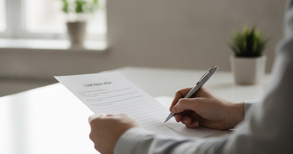 Hands filling out a simple loan application at a desk