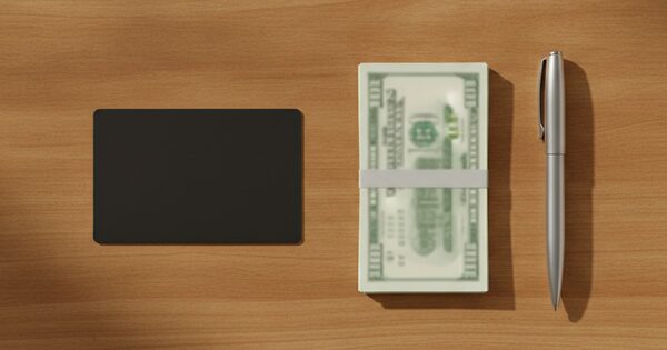 Overhead view of a payment card beside a small stack of cash on a table