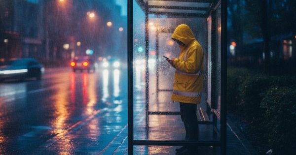 Commuter at a rainy bus stop checking a payment app on their phone