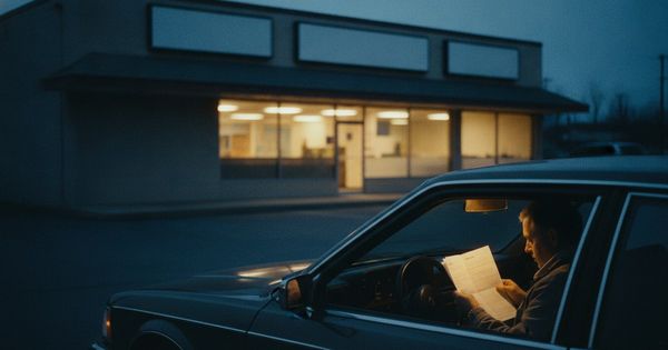 Small strip-mall loan storefront at dusk with a borrower reading paperwork in a parked car