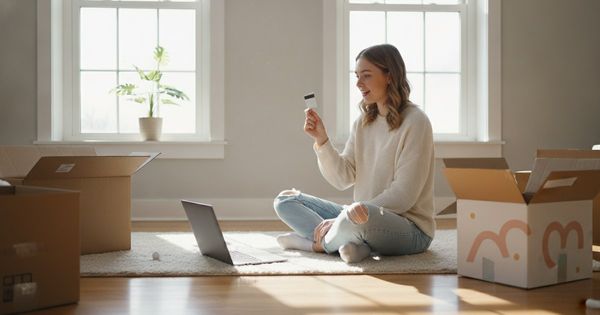 Young adult unpacking boxes in a first apartment, holding a new debit card