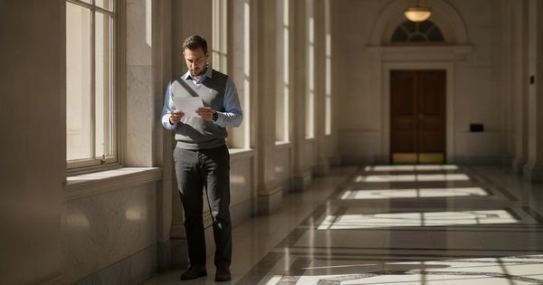 Federal office building hallway with an employee holding a pay stub near a window