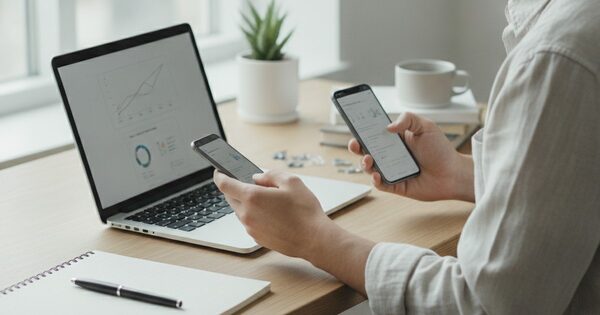 A person methodically comparing loan offers on a laptop and phone at a desk