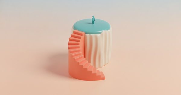 Isometric 3D render of a gentle staircase beside a sheer cliff edge, with a small figure choosing between them
