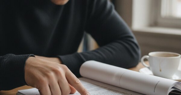 A person carefully reading a multi-page loan document at a desk