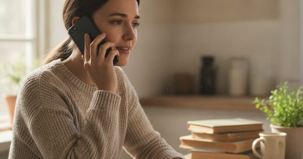 A person on a phone call looking relieved with a bill on the table