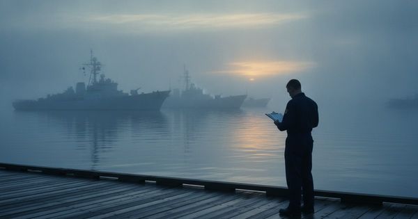 Naval harbor at early morning with a service member on the pier reviewing papers on a clipboard