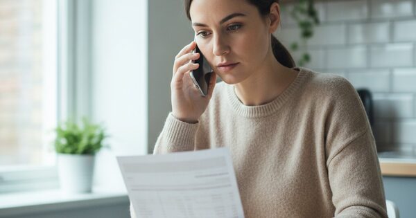 A person on a phone call holding a bank statement at a kitchen table