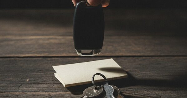 A hand holding a car key beside a pawn ticket on a table