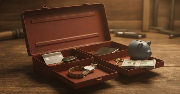 Open vintage toolbox holding everyday objects that stand for different ways to borrow
