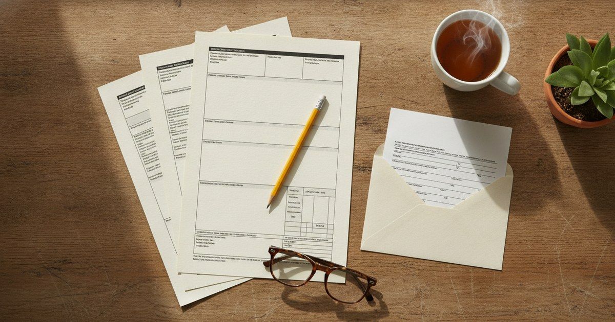 Overhead flat-lay of a desk with blank tax forms, a pencil, reading glasses and a mailed envelope