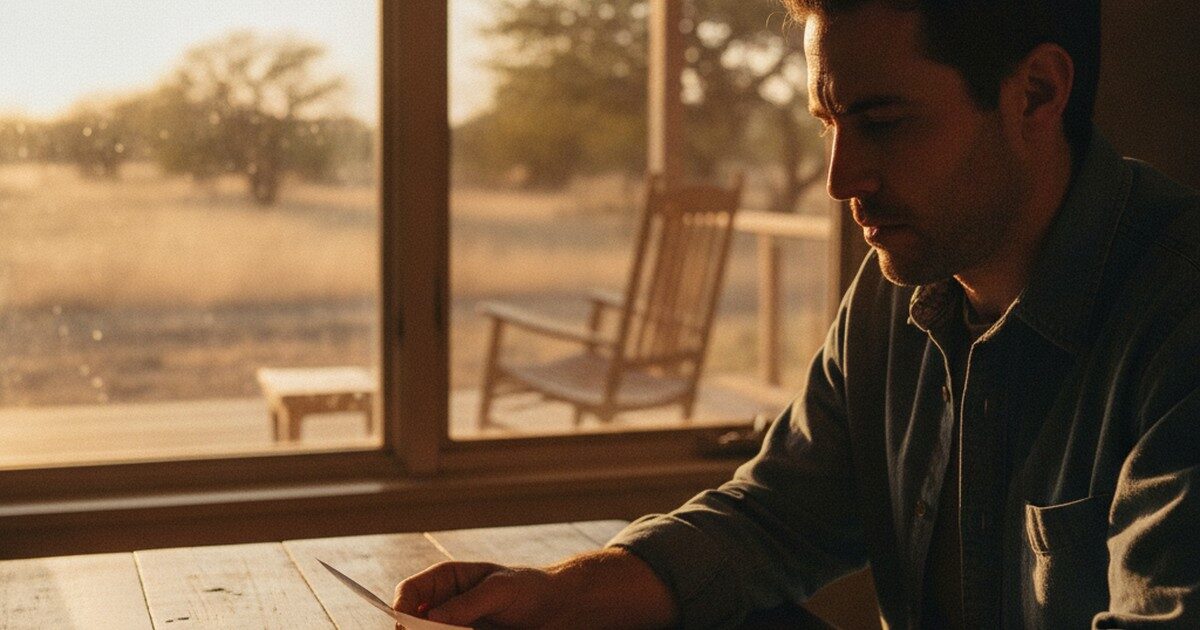 A person reviewing loan paperwork at a kitchen table with warm Texas light