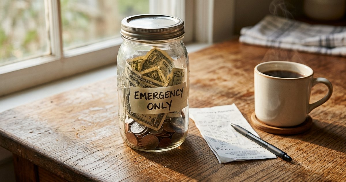 Glass jar labeled 'Emergency Only' on a kitchen counter with $20 bills folded inside next to a budget worksheet