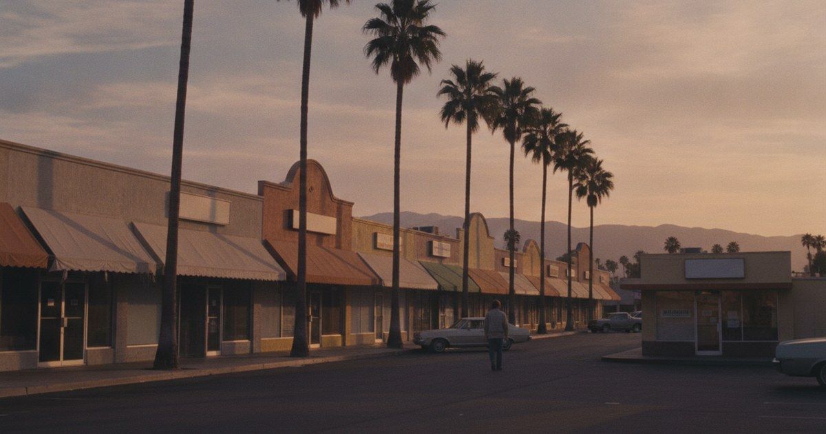 Sun-bleached California strip mall with palm trees and a check-cashing style storefront at sunset