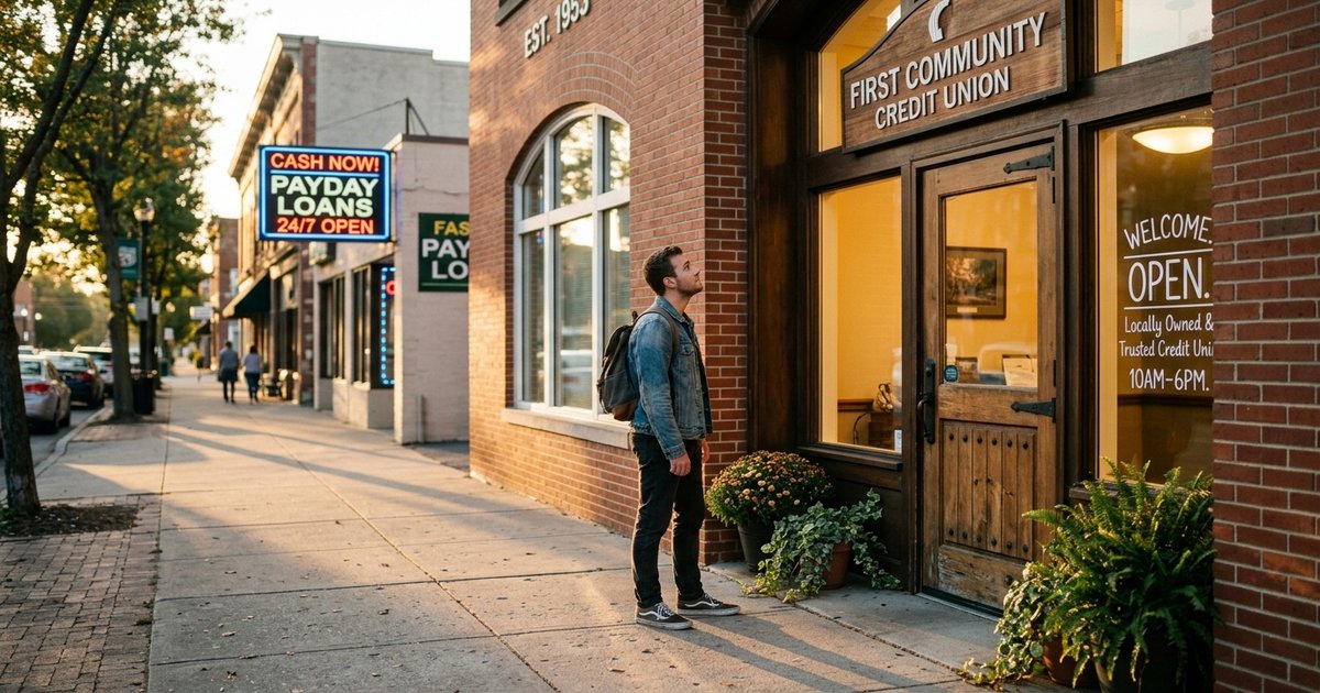 Credit union storefront sign with a clipboard showing a 28 percent APR Payday Alternative Loan application