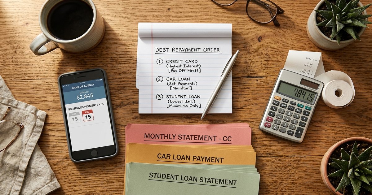 Notepad with four loan balances and APRs listed beside a calendar marked with auto-debit dates