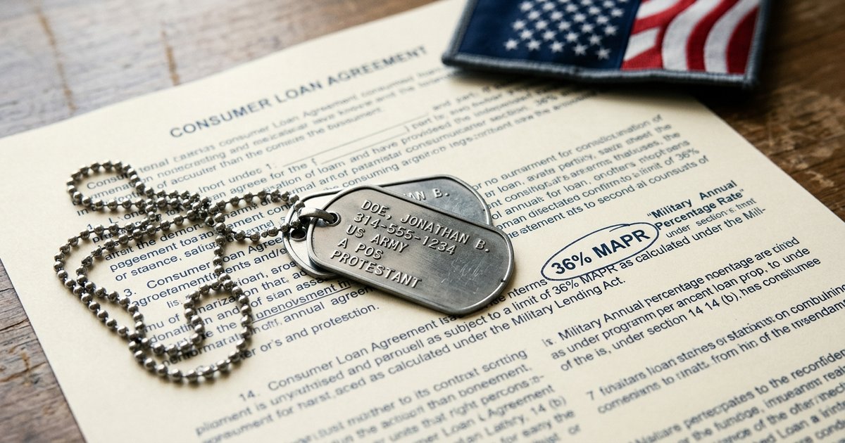 Military uniform sleeve with insignia next to a loan agreement showing a highlighted 'MAPR 36%' disclosure