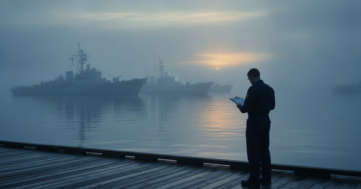 Naval harbor at early morning with a service member on the pier reviewing papers on a clipboard