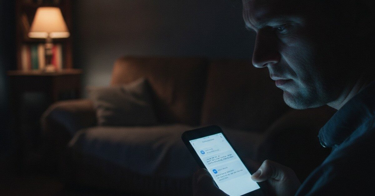 A person reading a loan-ad notification on a phone at night at home