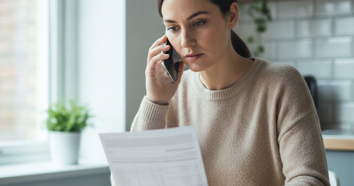 A person on a phone call holding a bank statement at a kitchen table
