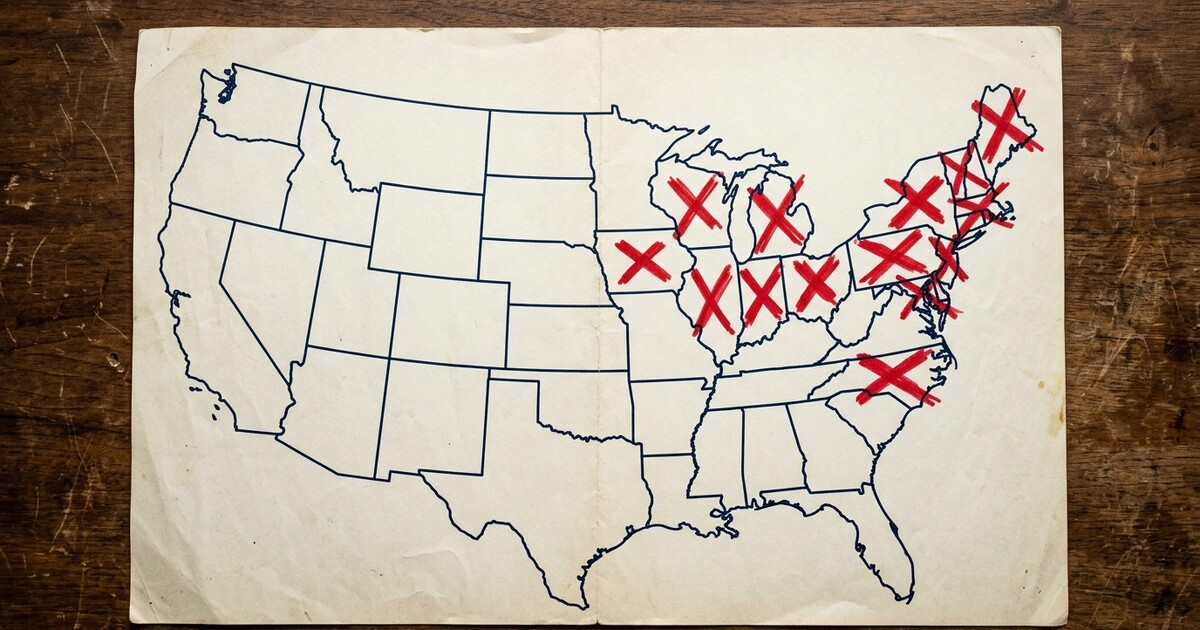 US map highlighting the 18 states where payday lending is effectively banned, with a hand holding a phone showing a 'loan denied' screen