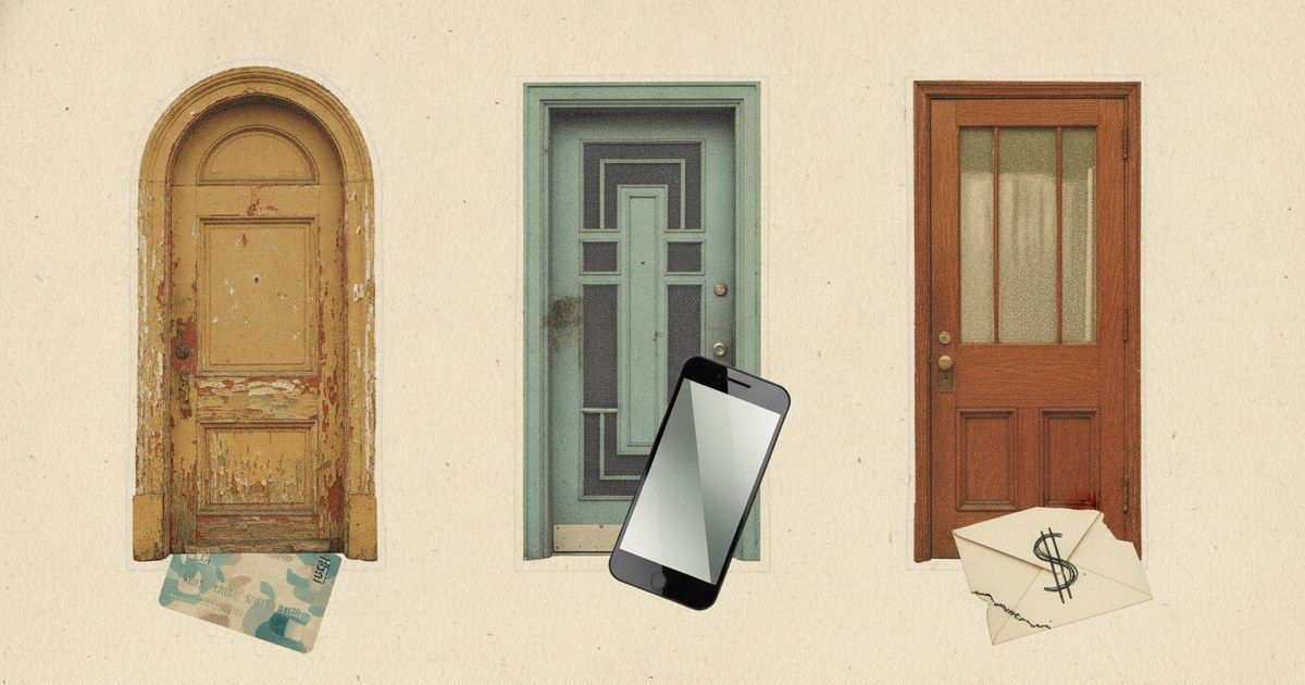 Mixed-media collage of three doors, each with a different object: a credit card, a phone, and a paper envelope