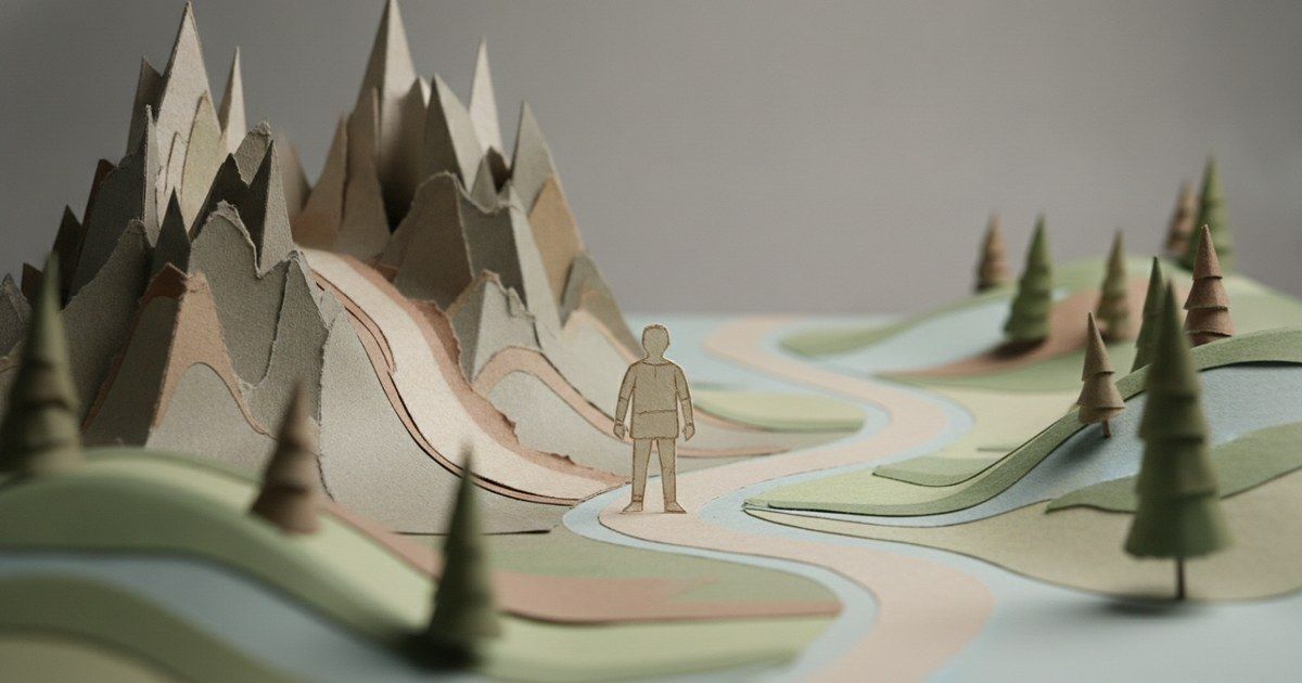 Paper-craft scene of a small figure at a fork between a steep costly path and a gentler one