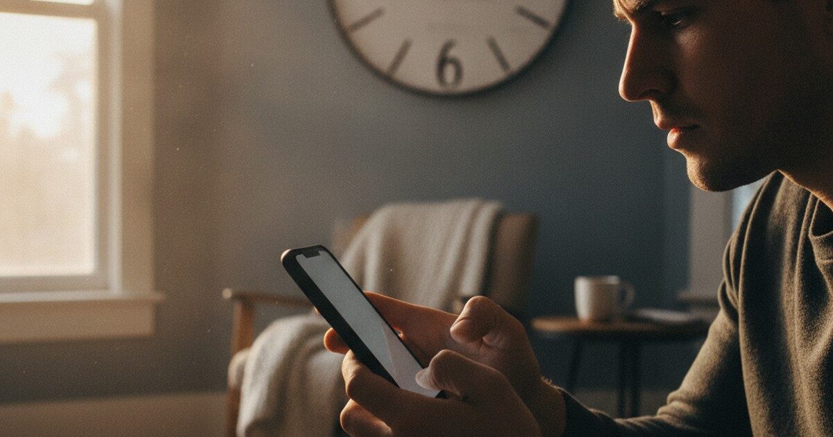 A person checking a phone beside a wall clock in late-afternoon light
