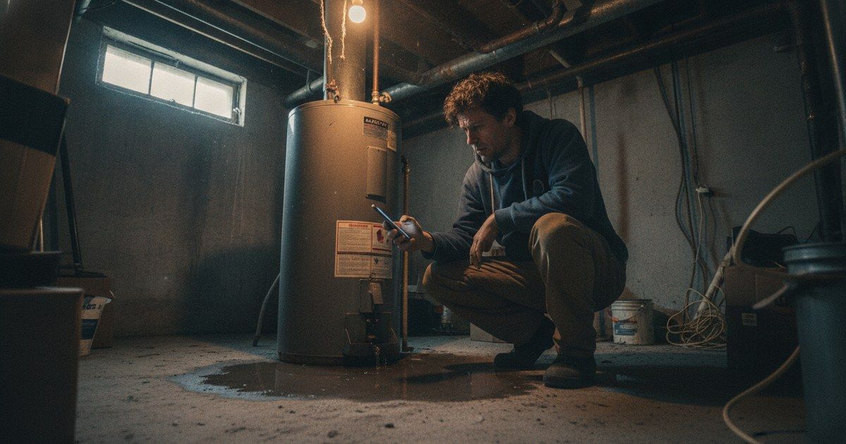 Homeowner crouching beside a leaking water heater in a basement, phone in hand