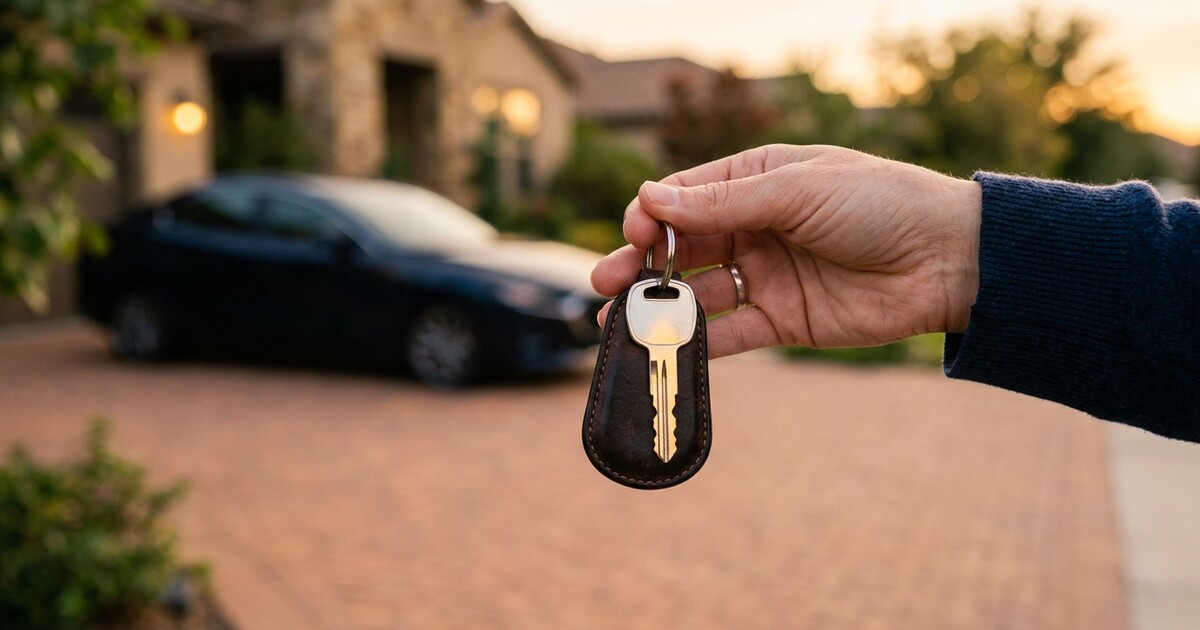 Car keys on a desk next to a folded loan agreement labeled 'title loan' with a red X over it